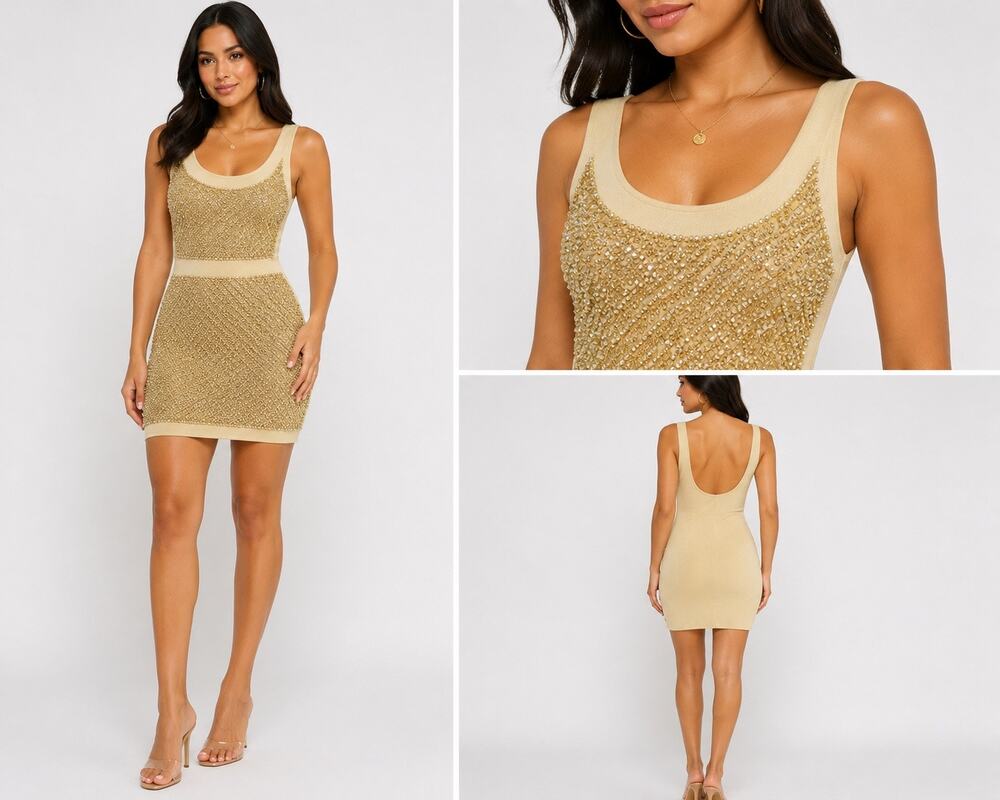 Bebe Gold Beaded Bodycon Sweater Dress Women’s S Sleeveless Mini Cocktail Party